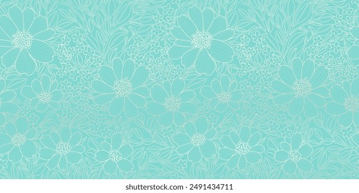 Diseño de lujo de Fondo de pantalla en el estilo de art deco, Silver Contour Flowers and Leaves en el fondo de color Tiffany. Ideal para estampados, pósters, portadas, Anuncios, invitaciones, Productos de belleza.