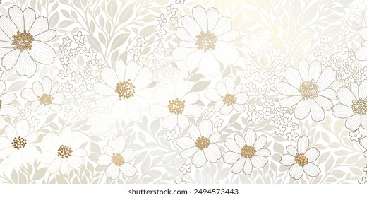 Luxurious Design of Wallpaper in the style of art deco, Light Silver Contours and Silhouettes of Flowers and Leaves on a White Background. Great for Prints, Posters, Covers, Banners, Invitations.