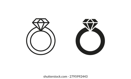 Luxurious diamond engagement ring icon representing jewelry fashion love marriage commitment wealth and precious gem in clean minimalist linear and solid styles.