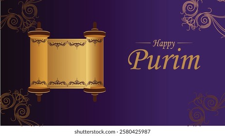 A luxurious digital banner for Purim featuring a golden Megillah scroll with intricate patterns on a deep purple background symbolizing the Jewish holiday and tradition