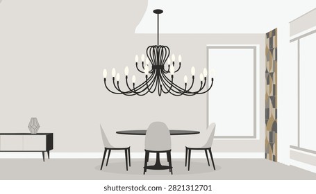 Luxurious dining room interior featuring a large modern branch chandelier hanging over a sleek dining table.