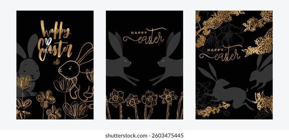Luxurious Easter A4 designs with bunny rabbits, hand drawn line art spring flowers. Set of gold and black illustrations for social media, web and print projects. 