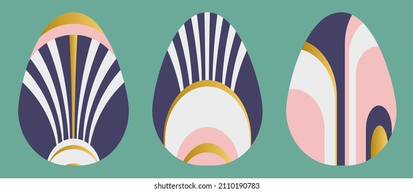 Luxuriöse Ostereier im Art-Deco-Stil. Set von 3 Ostereiern mit Muster. Abstrakte Objekte zum Design für Sticker, Urlaubskarten, Dekoration, Poster, Einladungen. Osterkollektion mit flachem Design. EP
