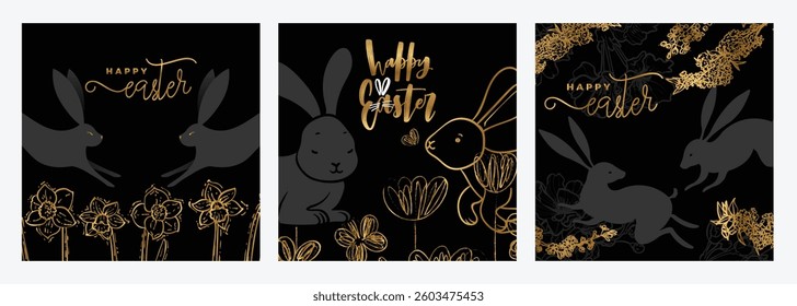 Luxurious Easter square designs with bunny rabbits, hand drawn line art spring flowers. Set of gold and black illustrations for social media, web and print projects. 