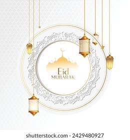 Luxurious Eid Mubarak Arabian mandala background with ornate lanterns in white and gold