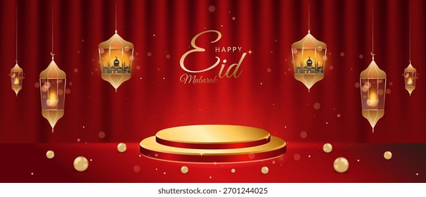 Lujoso Anuncio Eid Mubarak. Fondo de terciopelo rojo, podio de productos dorados y linternas colgantes (abanicos). Perfecto para publicidad y saludos de vacaciones.