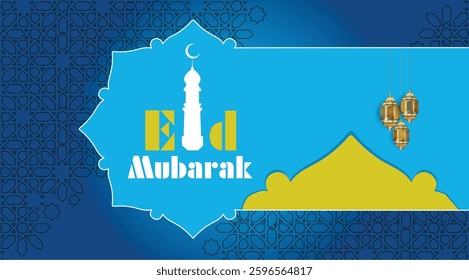 Luxurious Eid Mubarak vector illustration. Eid greetings Blue background 