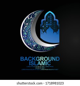 Luxurious and elegant, the background with a crescent moon and mosque doors overlaps realistic blue gradation ornaments and dark colorful mosaic details for greetings of Islamic maulid greetings.