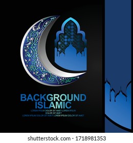 Luxurious and elegant, the background with a crescent moon and mosque doors overlaps realistic blue gradation ornaments and dark colorful mosaic details for greetings of Islamic maulid greetings.