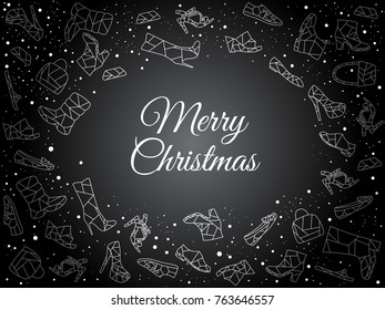 Luxurious and elegant black holiday wallpaper with big place for text and snow. Handwritten Merry Christmas title. Design with polygonal modern icons of shoes - heels, winter boots, sandals, sneakers