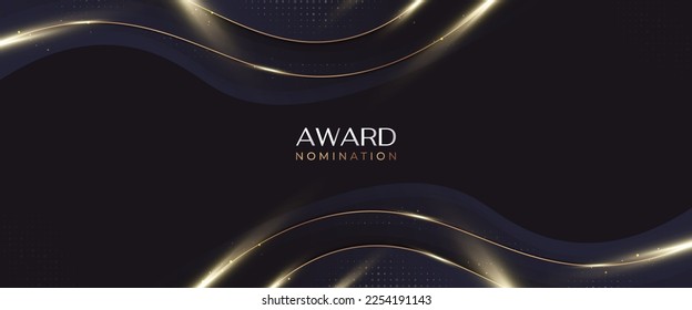 Luxurious and Elegant Blue and Gold Wavy Background with Golden Lines and Glowing Light. Can be Used for Award, Banner, Card, Nomination, Ceremony, Formal Invitation or Certificate Design