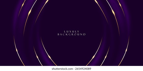 Ein luxuriöser und eleganter dunkelvioletter Hintergrund mit golden und weiß gekrümmten Linien, die vertikal und horizontal verlaufen. Um die Ränder des Bilds wird ein dünner Kreisrahmen erstellt.