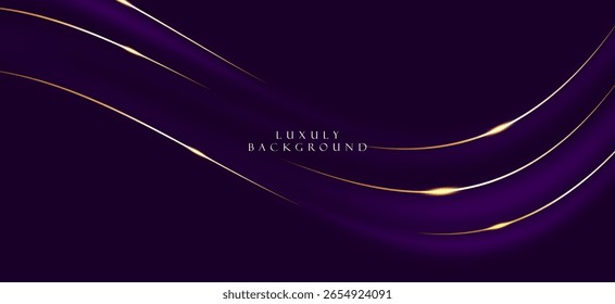 Um fundo roxo escuro luxuoso e elegante com linhas curvas douradas e brancas que correm horizontal e diagonalmente. O destaque é a elegância e o equilíbrio da composição.