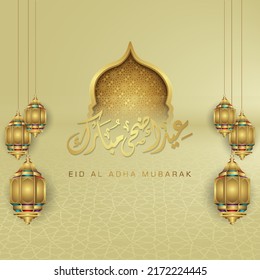 Luxurious and elegant design Eid Al adha greeting with gold color on arabic calligraphy, crescent moon, lantern and textured gate mosque. vector illustration.