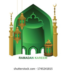 Lujoso y elegante diseño de ramadán saludo con, linterna tradicional y gradación colorida mezquita de puerta. ilustración vectorial