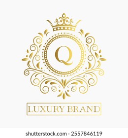 Luxurious and elegant logo design with a stylized letter Q in gold featuring regal floral embellishments  
