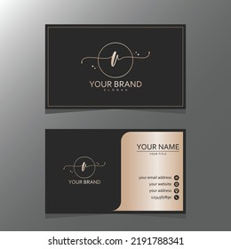 Luxurious and elegant minimalist V logo design with business card. initial logo for signature, wedding, fashion, floral and botanical logo.