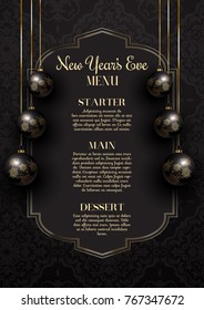 Luxurious elegant New Year's Eve menu design with hanging baubles