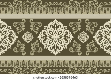 Luxuriöses und elegantes, nahtloses Damaszenermuster mit aufwändigen Blumen- und Scrollwork-Elementen. Dieses Vektordesign in satten, erdigen Tönen ist perfekt für High-End-Textilien, anspruchsvolle Tapeten, Luxus