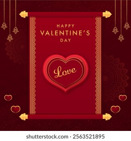 A luxurious and elegant Valentine's Day card featuring a red heart with the word "Love" inscribed on it. The heart is framed by a golden scroll with ornate designs and hanging ornaments