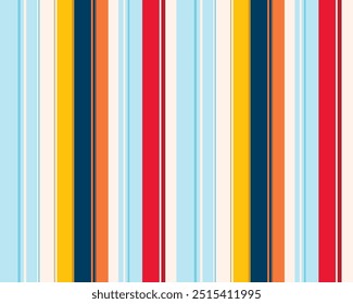 Luxurious, elegant, youthful pattern combining blue and red, yellow, cyan, colors with white accents. Printed pattern for shirt outfits and skirts. Vector illustration. vertical striped fabric