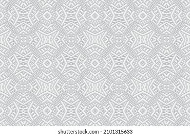 Lujoso fondo geométrico blanco con relieve. Patrón vintage 3D con elementos hechos a mano. Los orígenes de los pueblos de Oriente, Asia, India, México, Azteca. Diseño de portada para la creatividad.
