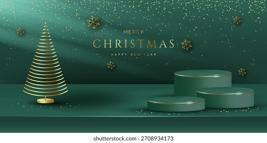 A luxurious emerald Christmas backdrop features three podiums of varying heights,a stylized golden tree,and golden snowflakes.It's perfect for holiday displays,sales,promotions and elegant seasonal de