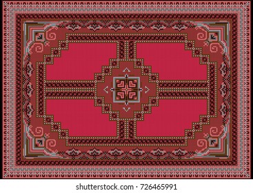 Luxurious ethnic carpet with red in the middle and a patterns with gray and dirty pink shades along the edges
