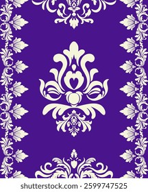 A luxurious European-style Damask pattern,intricate ivory floral and ornamental motifs on a royal purple background. elegant floral borders,ideal for wallpaper,textiles, luxury invitations