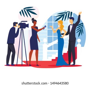 Luxurious Event Reportage Vector Illustration. Famous Happy Couple and Reporters Cartoon Characters. VIP Pair on Red Carpet, Movie Stars Talking To Press. Young Journalist Takes Interview