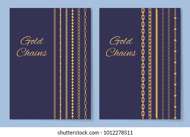 Luxurious expensive gold chains promo poster. Elegant accessories of precious metal vector illustrations and sign in italic font on blue background.