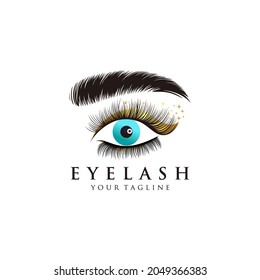 Luxurious eyelash and eyebrow extension logo with gold shimmer. Vector illustration. in modern style. Vector emblem for makeup or beauty salon, eyelash and eyebrow extension maker.