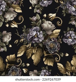 Luxurious fantastic flowers with golden elements on a dark background. Vector seamless pattern. 