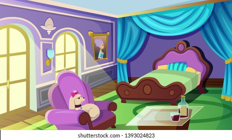 Luxurious Female Bedroom Interior with Double King Size Bed with Canopy, Carpet, Elegant Armchair with Poodle Dog, Table with Bottle and Glass of Wine. House Inside. Cartoon Flat Vector Illustration