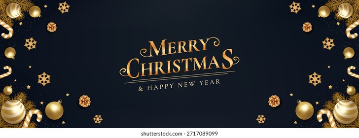 Luxurious festive card design featuring gold ornaments, candy canes, snowflakes and baubles on a deep navy background. A warm Merry Christmas and Happy New Year message perfect for seasonal branding and cards.