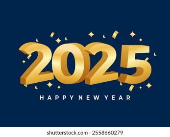 A luxurious and festive golden 3D 2025 Happy New Year background. The bold, shiny gold numbers and confetti create a celebratory and optimistic atmosphere, perfect for welcoming the new year. 