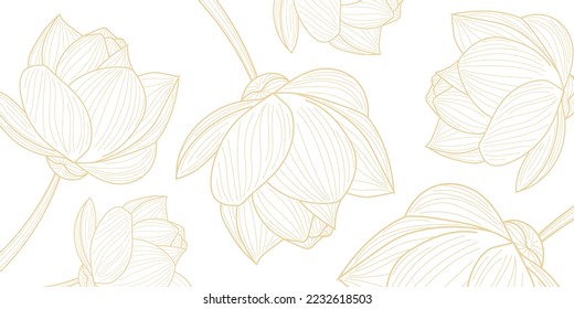 Luxurious floral background design. Golden lotus flowers line arts design for wallpaper, banner, prints, invitation and packaging design. vector illustration.