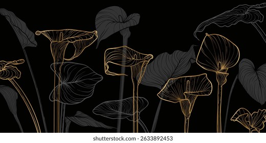 Luxurious floral background with gold line art of calla lily flowers and leaves. Hand drawn calla flowers background and pattern frame. Vector design of card, banner, invitation and packaging