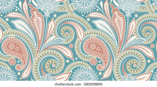 Luxurious floral batik background. Floral decoration curls illustration. Hand drawn paisley pattern elements. Vintage ornament, pattern. The decor has wavy curves.