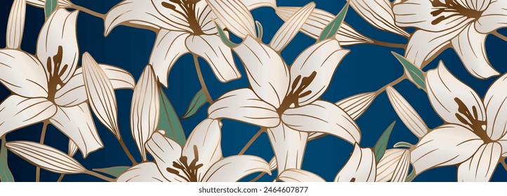 Luxurious floral design with white lilies on a dark blue background. Floral vector wide horizontal background.