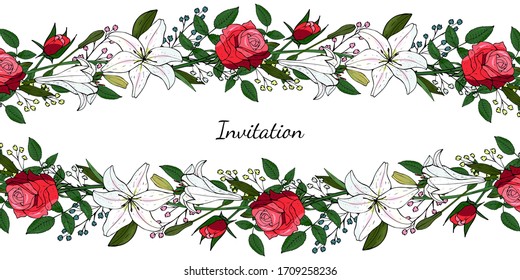 Luxurious floral horizontal invitation frame made from realistic red roses and white lilies on a white background. Festive botanical decorative element. Vector stock illustration.