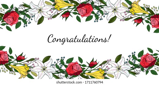 Luxurious floral horizontal invitation frame made from realistic red roses and white and yellow lilies on a white background.Congratulations! Festive botanical decorative element. Vector illustration.