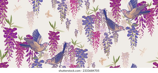 Luxurious Floral seamless pattern. Birds, butterflies and dragonfly on branches of Wisteria liana. Light background and golden birds. Vector illustration. Vintage decor.