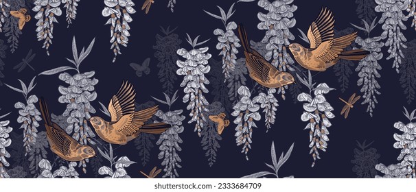 Luxurious Floral seamless pattern. Birds, butterflies and dragonfly on branches of Wisteria liana. Dark background and golden birds. Vector illustration. Vintage decor. svg