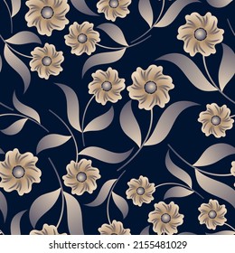 Luxurious floral seamless pattern. Curved and swirling abstract flowers with stems and leaves are randomly arranged on a dark background. Vector.