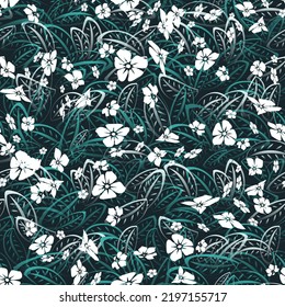 Luxurious floral seamless pattern. Vintage white flowers and green leaves overlap randomly on a dark background. Vector.