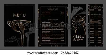 Luxurious food and drinks menu designs. Restaurant menu template. Elegant vector A4 format with high quality flowers for print and online usage. Golden hand drawn line art calla lily illustrations.