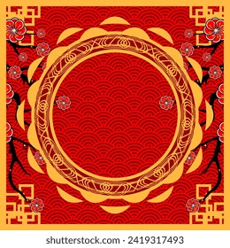 círculo de marco lujoso con melocotón rojo y flores de ciruela ilustración vectorial, decoración de esquina cuadrado vector
