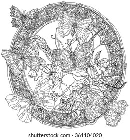 Luxurious frame with flowers and butterflies. Zentangle interpretation. Black and white. Vector illustration. The best for your design, textiles, posters, coloring book