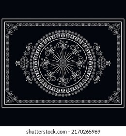 Luxurious frame with a white calligraphic ornament of stylized flowers on swirling branches on a black background
